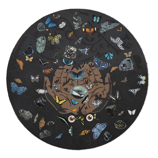 A circular collage with two cupped hands and a pair of floating eyes in the center, surrounded and surmounted by butterflies.